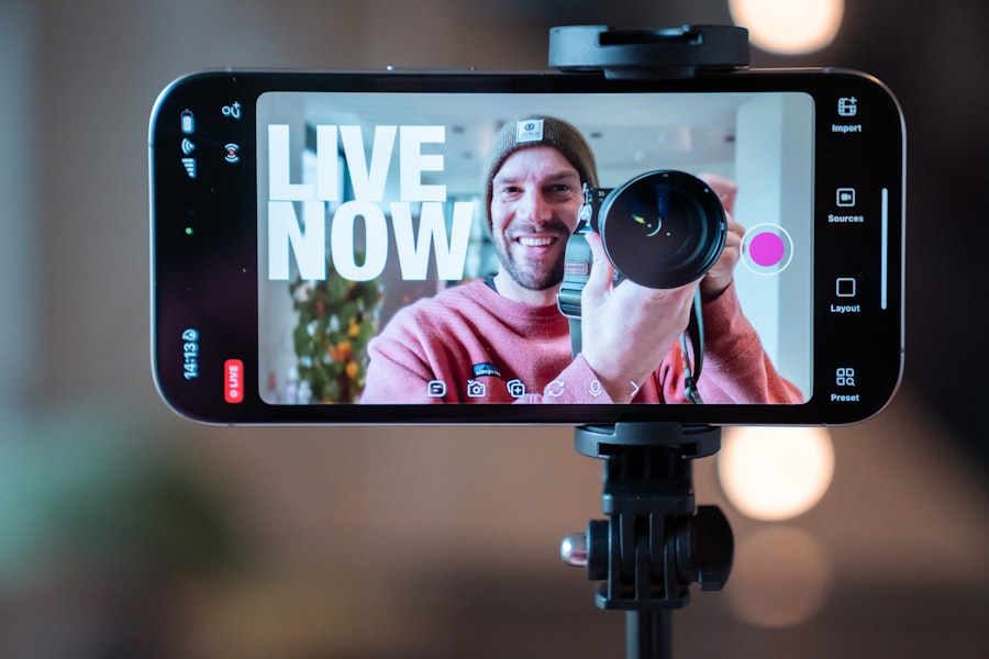 Smartphone on a tripod filming a live video for social content